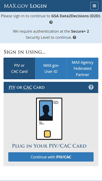 MAX.gov Login page with PIV or CAC Card selected tab
