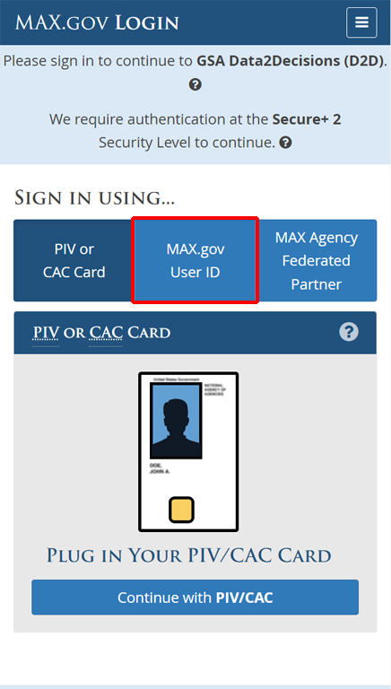 MAX.gov Login page with MAX.gov User ID outlined tab