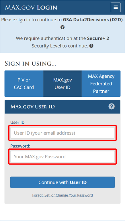 MAX.gov Login page with MAX.gov User ID selected tab and User ID and Password outlined inputs