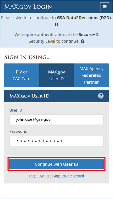 MAX.gov Login page with MAX.gov User ID selected tab and Continue with User ID outlined button